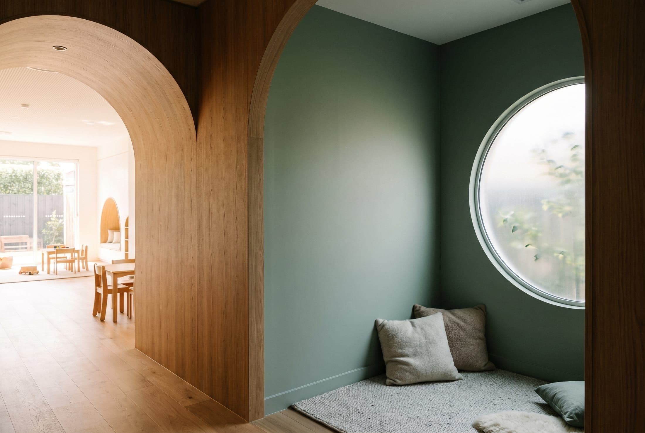A rounded threshold corridor between a bright activity zone and a dim, cozy alcove, with a filtered garden view